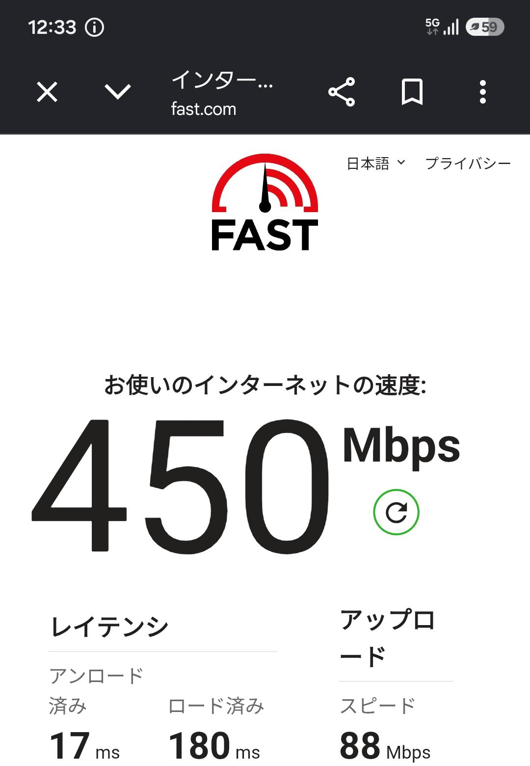 ahamoの実測スクリーンショット:昼12:33・自宅で下り450Mbps(FAST.com)